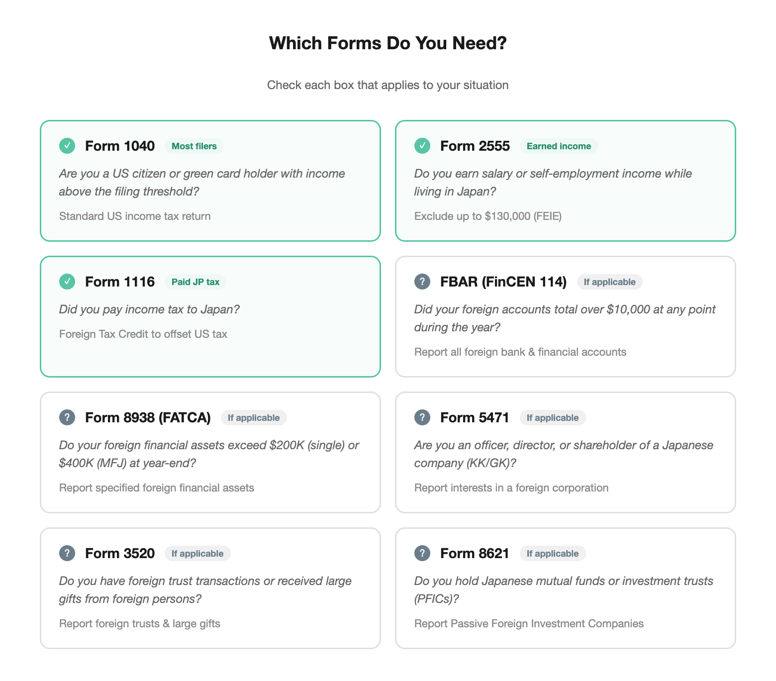 Which US tax forms do you need as an American in Japan — Form 1040, 2555, 1116, FBAR, 8938, 5471, 3520, 8621
